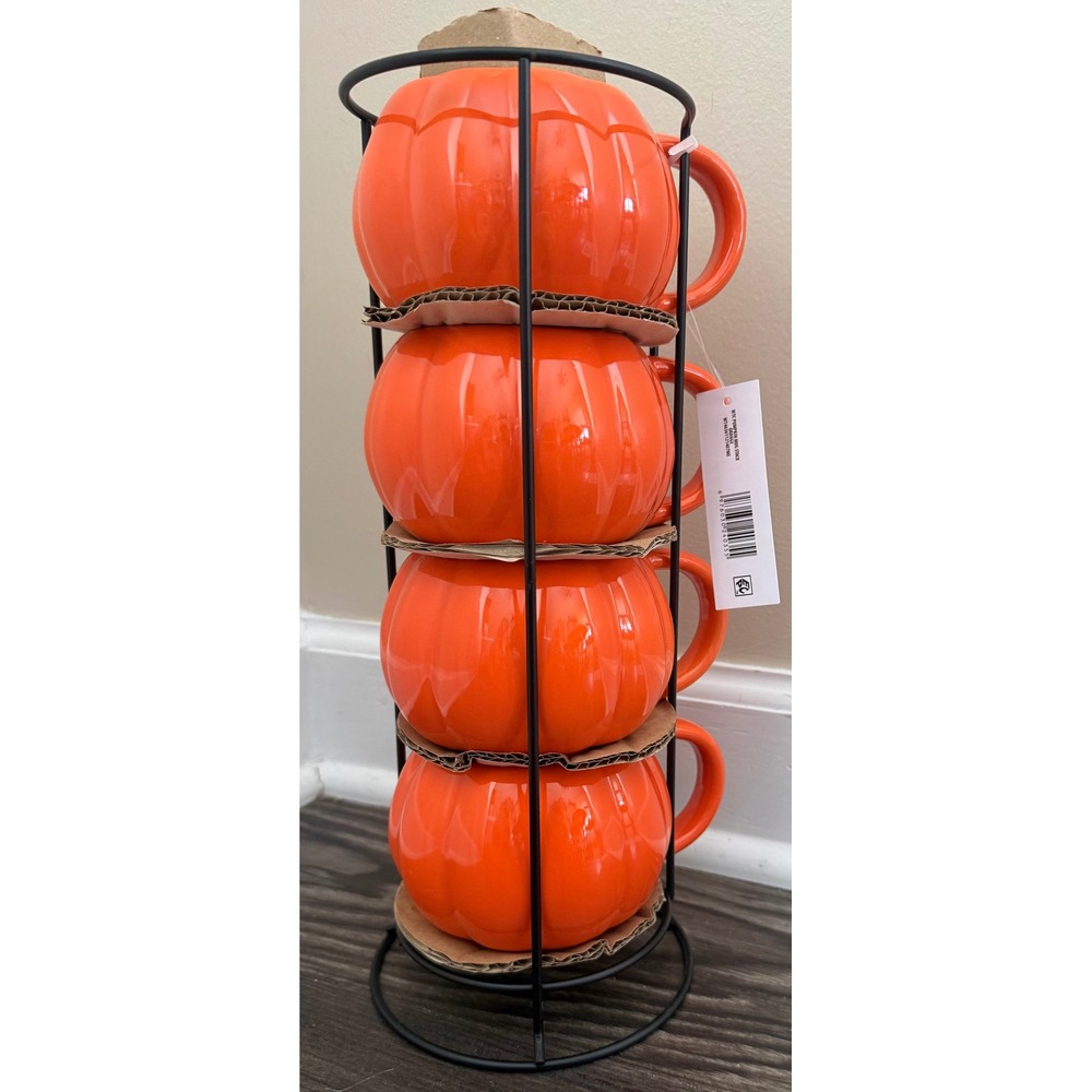 Way to Celebrate Halloween Pumpkin Mug Stack Set of 4 with Rack Orange Stoneware - Picture 2 of 4